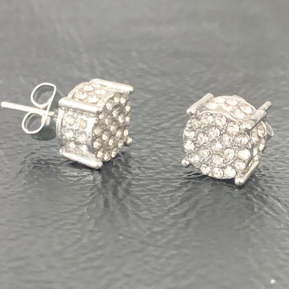 Men’s White Gold 14k Plate Iced Out Round Hip Hop Crystal CZ Earrings Silver NEW - Picture 3 of 10